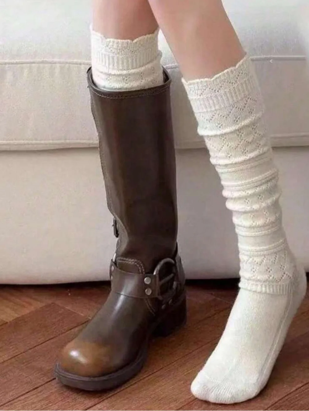 1 Pair Hollow Out Layered Leg Warmers Socks, Knitted Mid-Calf Socks,